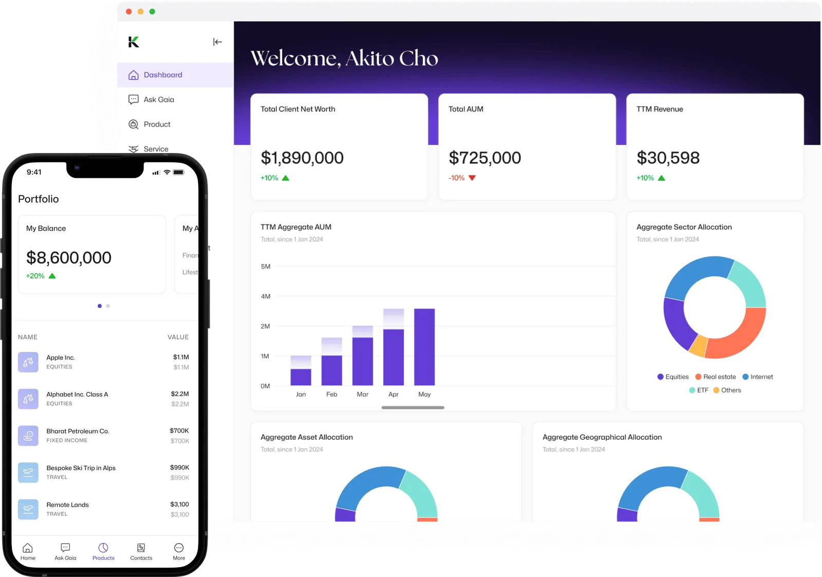 KairosWealth platform — mobile portfolio app and wealth management dashboard