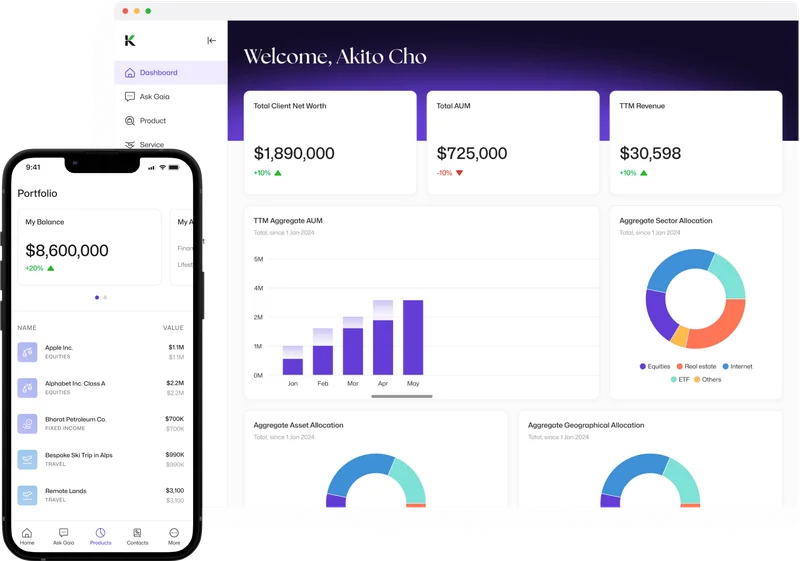 KairosWealth platform — mobile portfolio app and wealth management dashboard